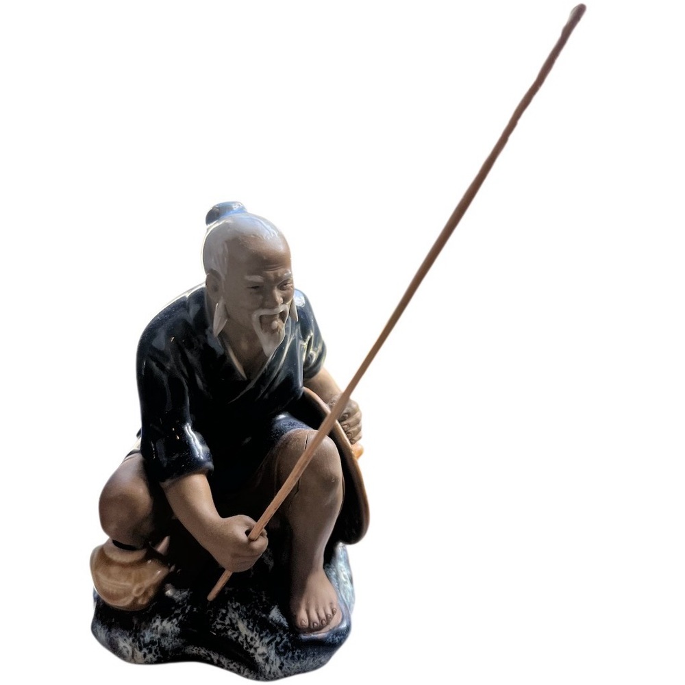 Vintage Handmade Asian Fisherman Ceramic Figurine Pottery Folk Art Statue